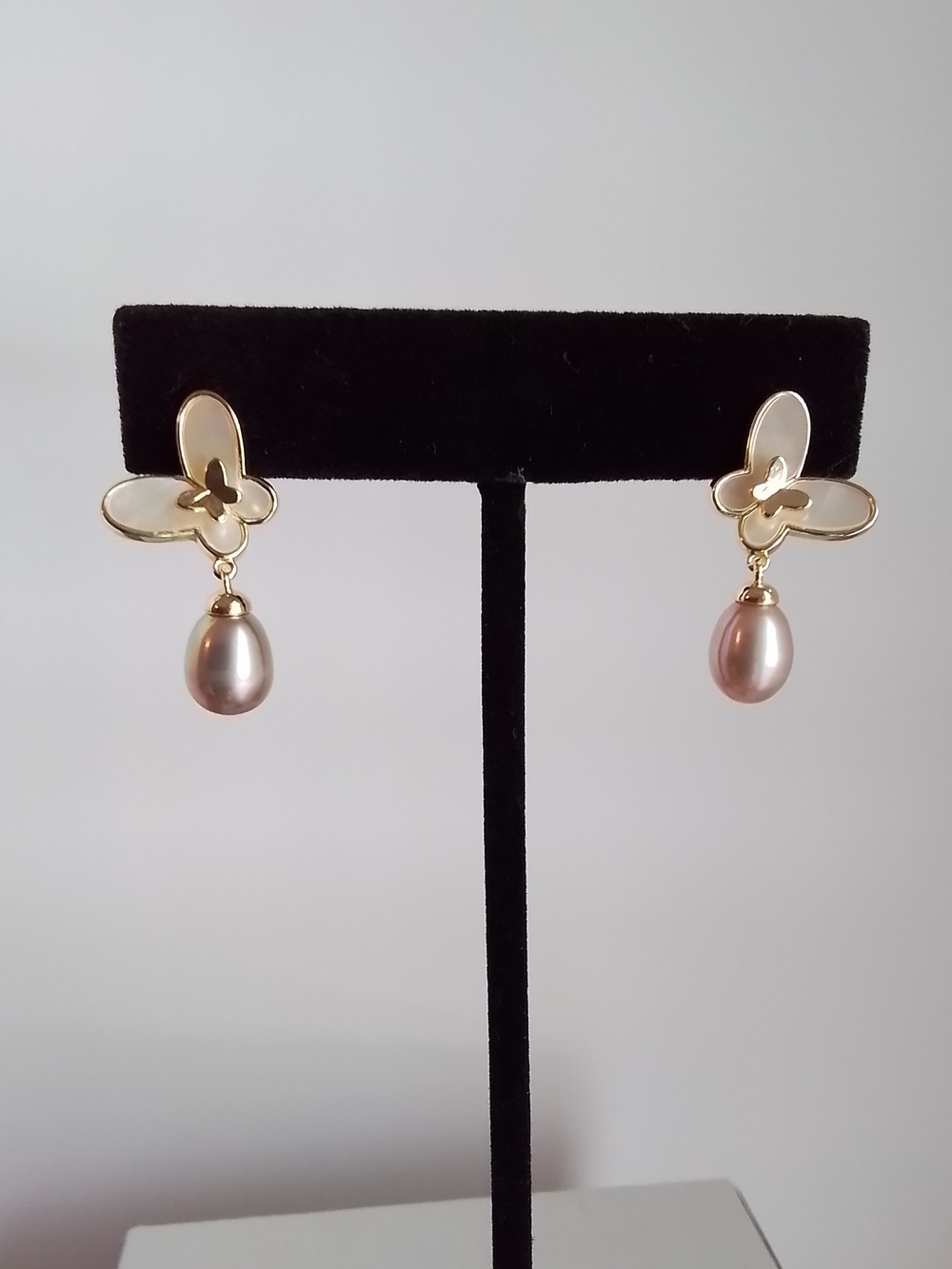 Gold Butterfly Pearl Drop Earrings - Pink Pearl
